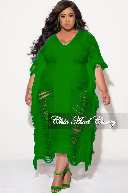 Final Sale Plus Size Distressed Sweater Midi Fringe Dress in GreenWomen's thin tops