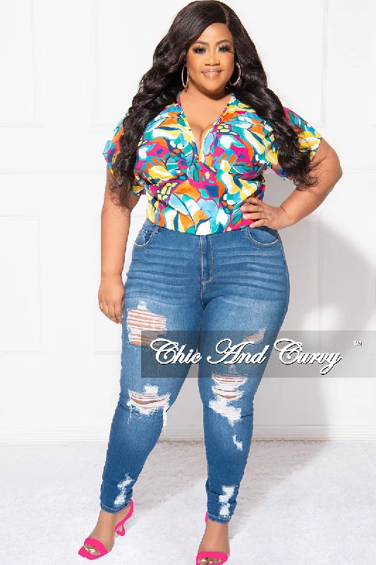 Final Sale Plus Size Deep V Top in Multi Color Design PrintWomen's spring tops