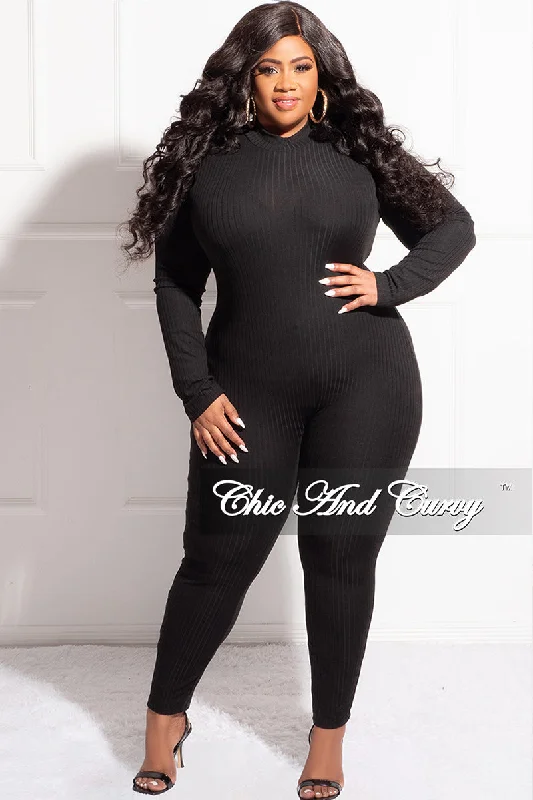 Final Sale Plus Size Ribbed Sheer Stripe Jumpsuit in BlackWomen's designer tops