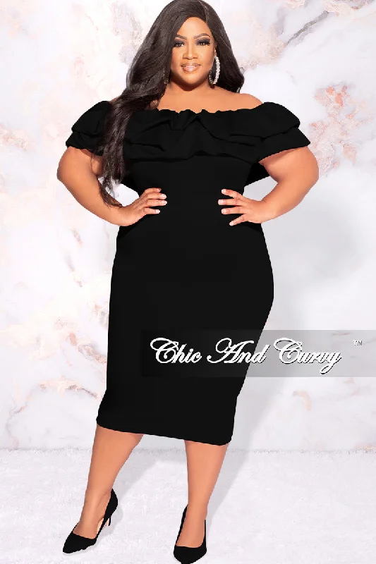 Available Online Only - Final Sale Plus Size Off the Shoulder Ruffle BodyCon Dress in BlackPlus size women's work tops