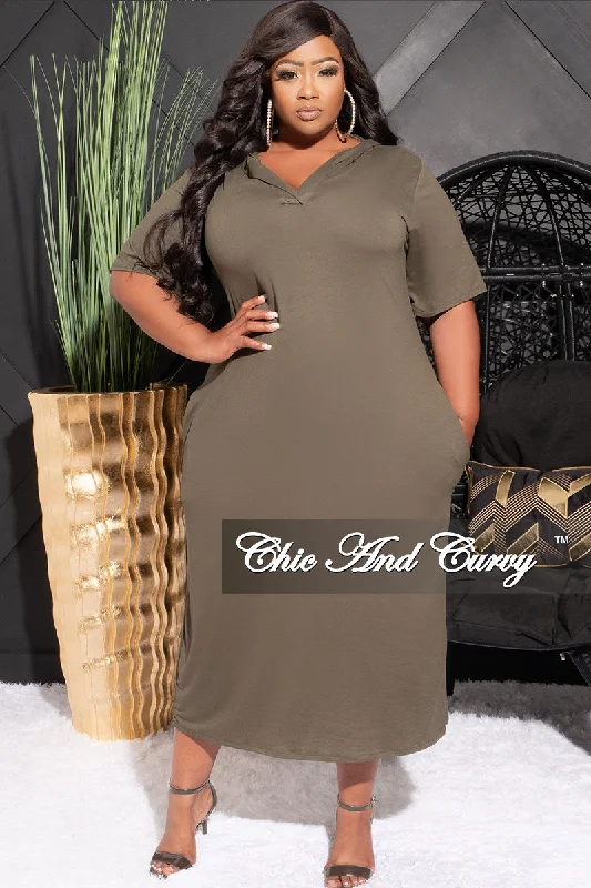 Final Sale Plus Size Hooded Midi Dress with Distress Back in OliveWomen's party tops