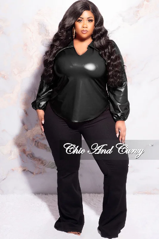 Final Sale Plus Size Collar Faux Leather Top in BlackLarge women's waist-baring tops