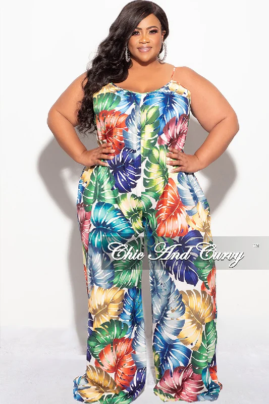 Final Sale Plus Size Jumpsuit with Spaghetti Straps in Multi-Color Palm PrintWomen's affordable tops