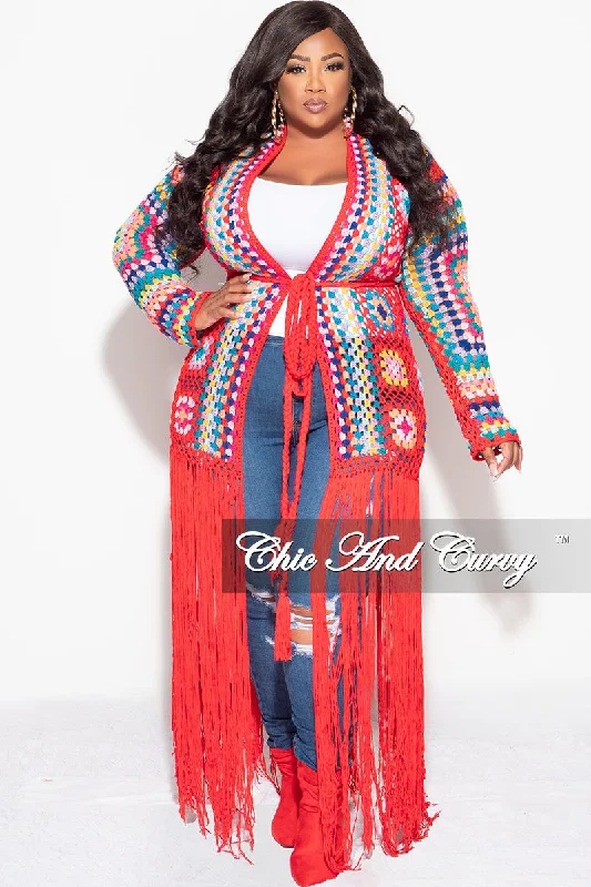 Final Sale Plus Size Crochet Cardigan with Bottom Fringe in RedWomen's autumn tops