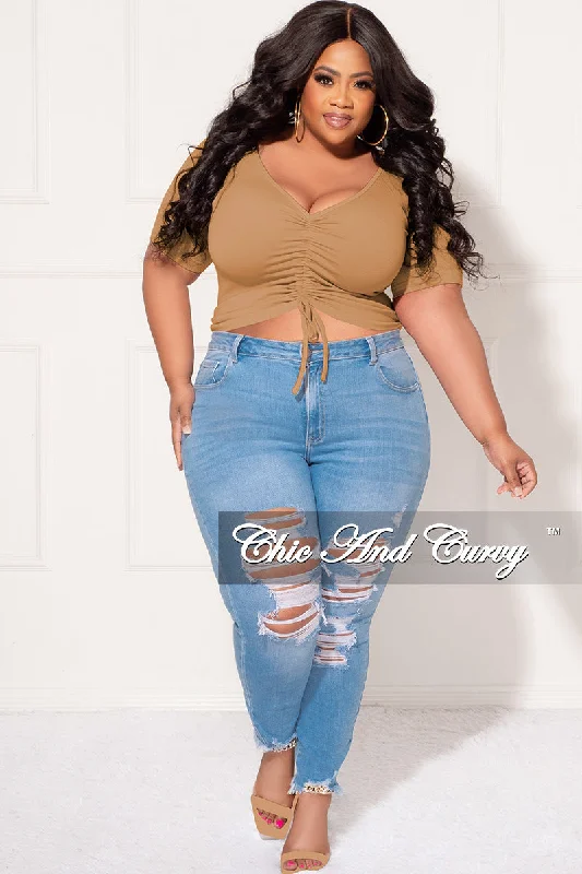 Final Sale Plus Size Ribbed Drawstring Top in CamelPlus size women's off-the-shoulder tops