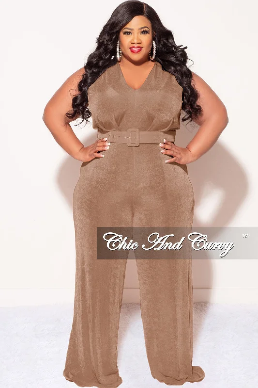 Final Sale Plus Size Slinky Deep V Neck Jumpsuit with Belt in BrownLarge women's pullover tops