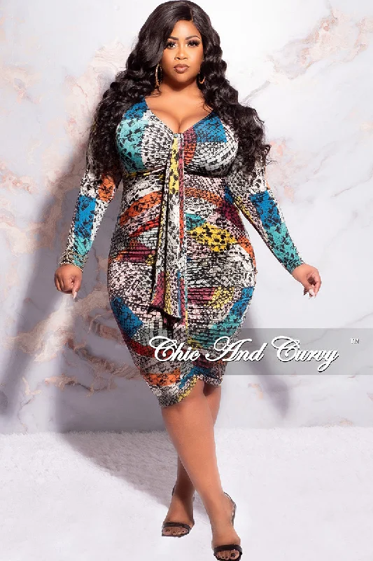 Final Sale Plus Size Deep V Ruched Mini BodyCon Dress with Draping Front in Multi Color Snake PrintLarge women's stretch tops