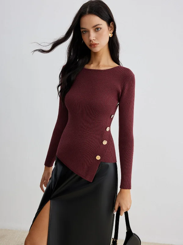 Zippered Knit TopsAsymmetrical Ribbed Slim Sweater