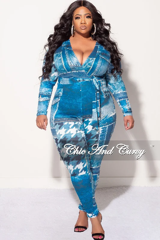 Final Sale Plus Size Faux Wrap Jumpsuit with Attached Tie in Denim PrintWomen's commuter tops