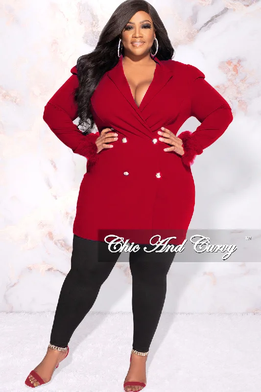 Final Sale Plus Size Button Blazer Dress with Feather Cuffs in RedPlus size women's retro tops