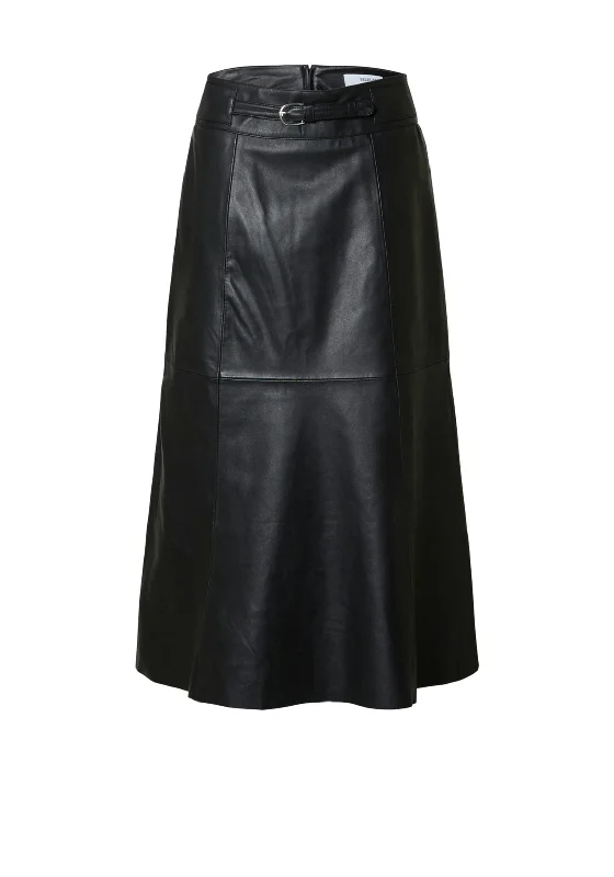 Selected Femme Ella Belted Leather Midi Skirt, BlackParty Skirt