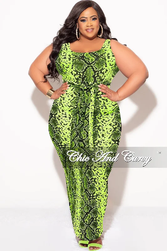 Final Sale Plus Size Sleeveless Maxi Dress with Waist Tie in Neon Green and Black Snake PrintPlus size women's turtleneck tops