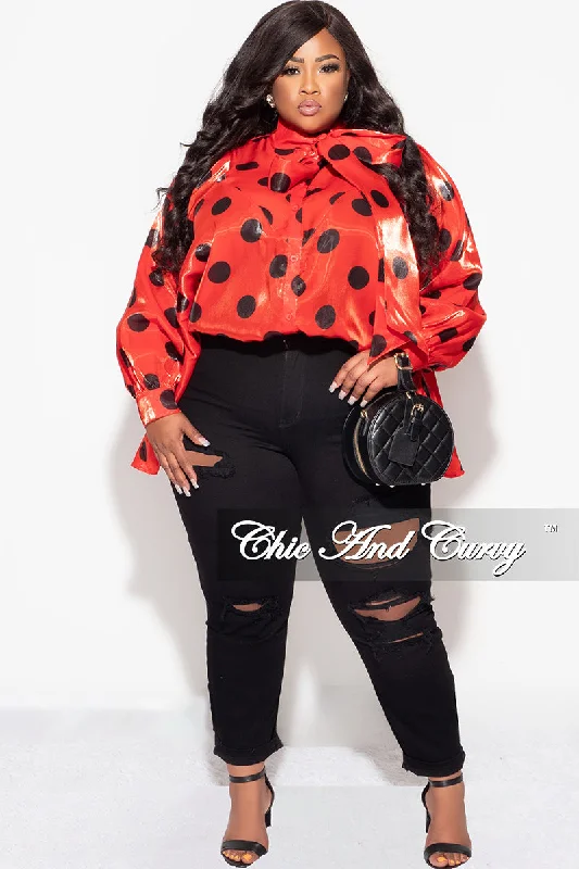 Final Sale Plus Size Button Up Oversized Neck Tie Top in Red and Black Polka DotWomen's party tops