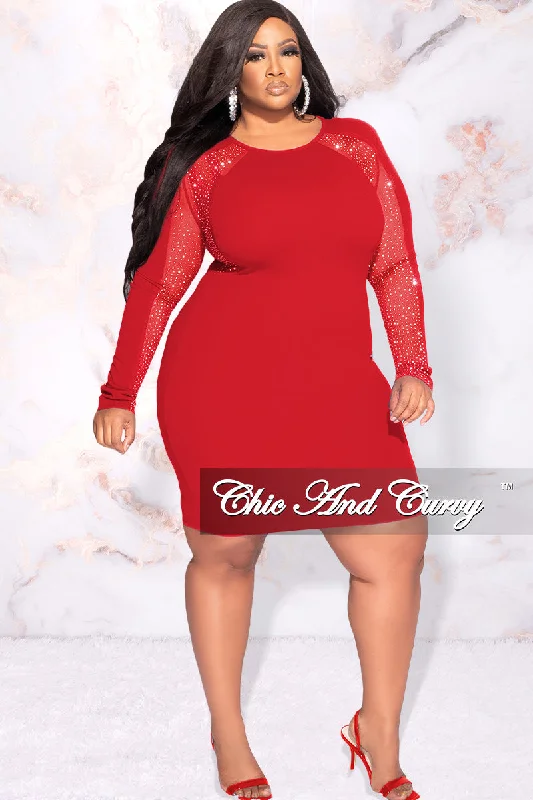 Final Sale Plus Size Rhinestone Sheer Sleeve BodyCon Dress in RedPlus size women's bohemian tops