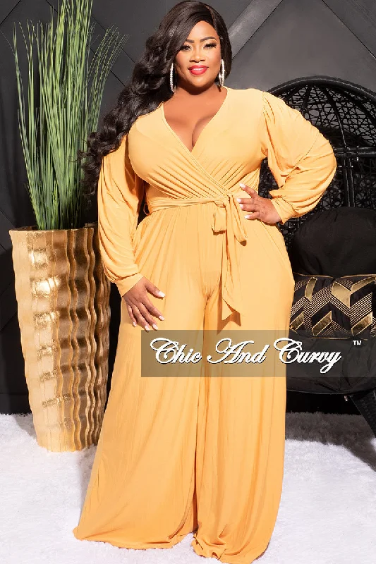 Final Sale Plus Size Faux Wrap Jumpsuit with Waist Tie in MustardPlus size women's knitted tops