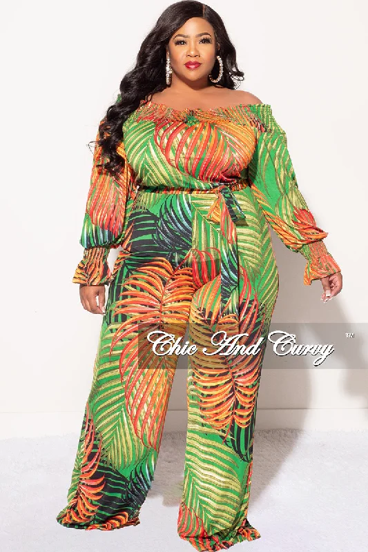 Final Sale Plus Size Off The Shoulder Jumpsuit with Waist Tie in Tropical PrintLarge women's warm tops