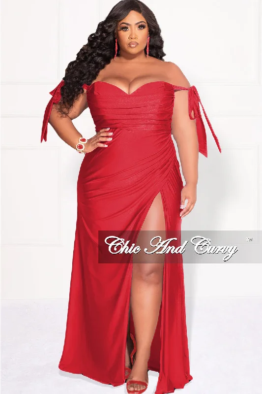 Final Sale Plus Size Off the Shoulder Tie Gown Dress in RedPlus size women's lace tops