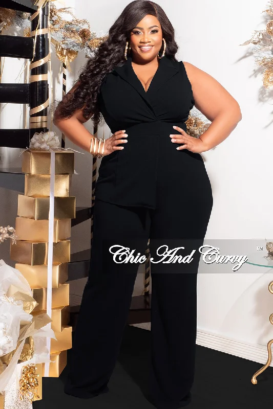 Final Sale Plus Size Collar Sleeveless Jumpsuit in BlackLarge women's belly-baring tops