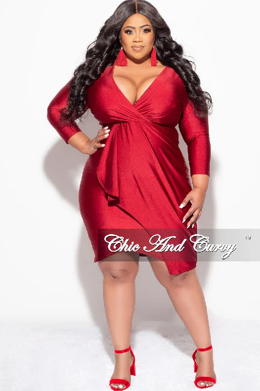 Final Sale Plus Size Faux Wrap Puffy Sleeve BodyCon Overlay Tulip Dress in WineLarge women's anti-static tops