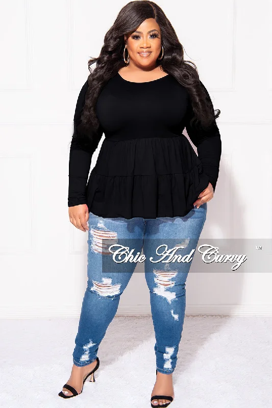 Final Sale Plus Size Long Sleeve Peplum Top In BlackWomen's short sleeve tops