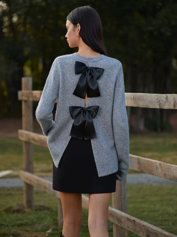 Hooded Knit TopsRound Neck Bow-Decor Sweater