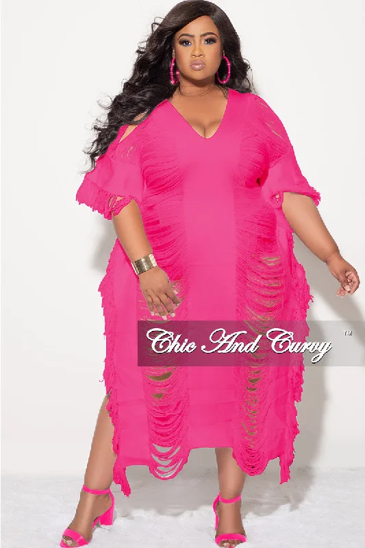 Final Sale Plus Size Distressed Sweater Midi Fringe Dress in PinkWomen's autumn tops