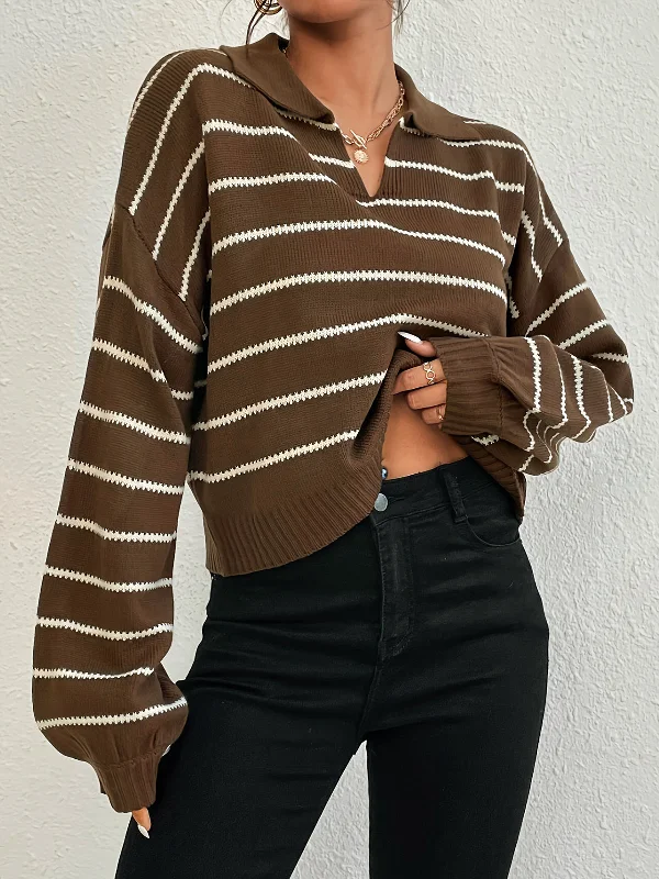 Polyester Knit TopsContrast Striped Lapel Short Sweater