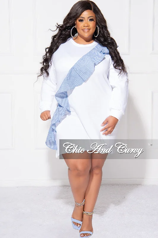 Final Sale Plus Size Asymmetrical Ruffle  Sweater Dress in White and BlueWomen's thin tops