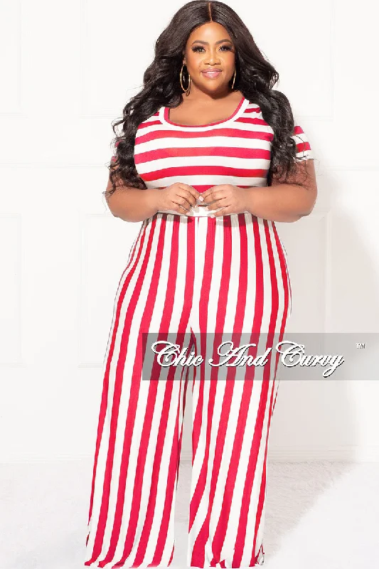 Final Sale Plus Size Short Sleeve Jumpsuit in Coral and White StripesPlus size women's street style tops