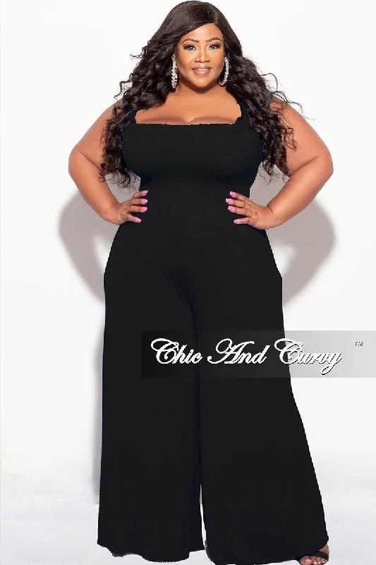 Final Sale Plus Size Jumpsuit with Smocking & Elastic Straps in BlackPlus size women's casual tops