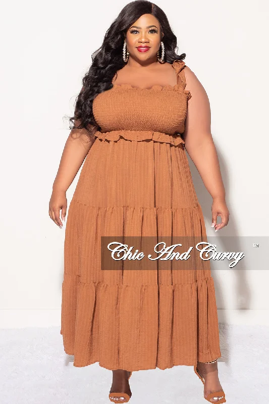 Final Sale Plus Size Sleeveless Frill Tiered Dress in CognacLarge women's sun protection tops