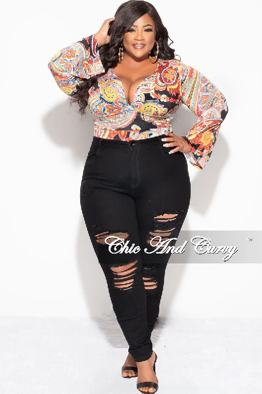 Final Sale Plus Size Faux Wrap Bodysuit in Black Multi Color Design PrintWomen's fleece tops