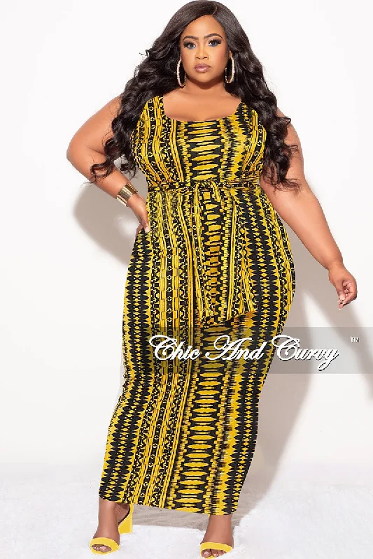 Final Sale Plus Size Sleeveless Maxi Dress with Waist Tie in Yellow and Black Design PrintPlus size women's lace tops