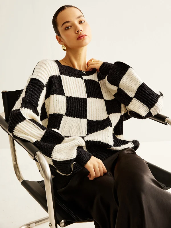 Layered Knit TopsColor Block Checkerboard Sweater