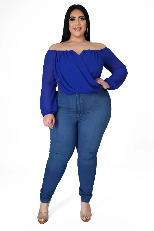 Final Sale Plus Size Off The Shoulder Faux Wrap Draping Top in Royal BluePlus size women's off-the-shoulder tops