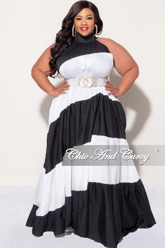 Final Sale Plus Size Halter Maxi Dress in Black & WhitePlus size women's patchwork tops