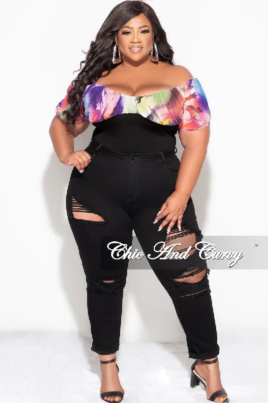 Final Sale Plus Size Off the Shoulder Bodysuit in Multi Color Floral PrintPlus Large women's linen tops