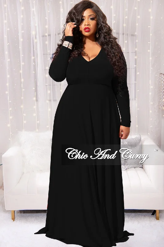 Final Sale Plus Size Long Sleeve Gown with V-Neck in BlackLarge women's quick-drying tops