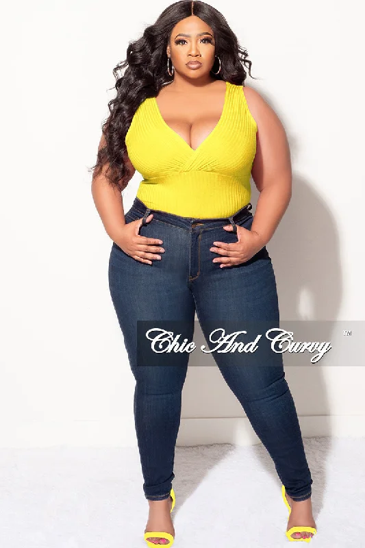 Final Sale Plus Size Ribbed Faux Wrap Sleeveless Bodysuit in YellowWomen's affordable tops