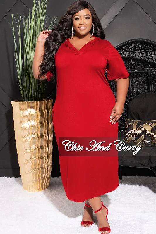 Final Sale Plus Size Hooded Midi Dress with Distress Back in RedWomen's thin tops