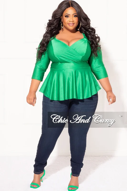 Final Sale Plus Size Faux Wrap Shiny Peplum Top in GreenPlus size women's hollow tops