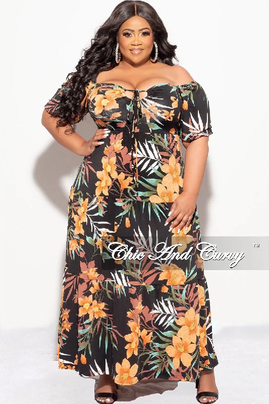 Final Sale Plus Size Short Sleeve Tiered Maxi Dress in Black Floral PrintPlus size women's work tops