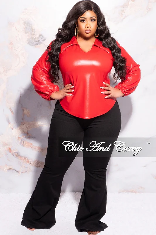 Final Sale Plus Size Collar Faux Leather Top in RedLarge women's belly-baring tops