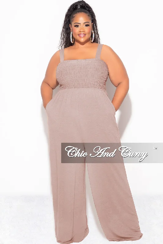 Final Sale Plus Size Sleeveless Shirred Jumpsuit in Ash MochaKnit Top