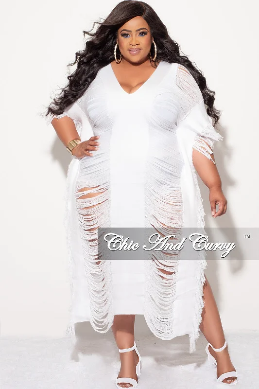 Final Sale Plus Size Distressed Sweater Midi Fringe Dress in WhiteWomen's spring tops