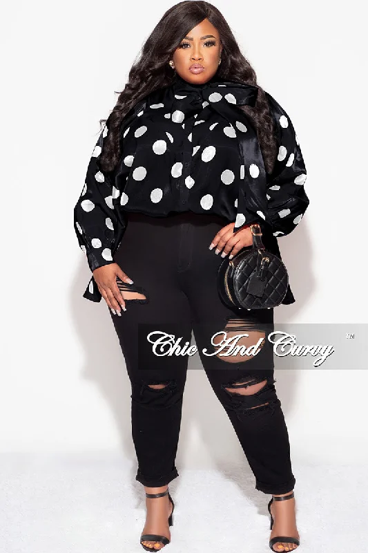 Final Sale Plus Size Button Up Oversized Neck Tie Top in Black and White Polka DotWomen's long sleeve tops