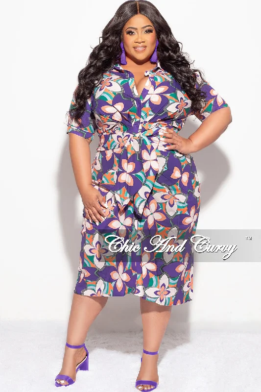 Final Sale Plus Size Satin Collar Button Up Short Sleeve Dress with Waist Tie and Ruched Bottom in Purple Floral PrintLarge women's oversize tops