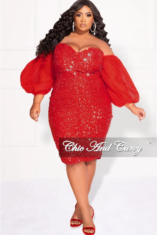 Final Sale Plus Size Mesh Sequin Tube Midi Dress with Mesh Sleeves in RedPlus size women's hollow tops