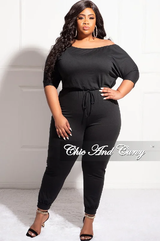 Final Sale Plus Size Off the Shoulder Jumpsuit in BlackWomen's fitness tops