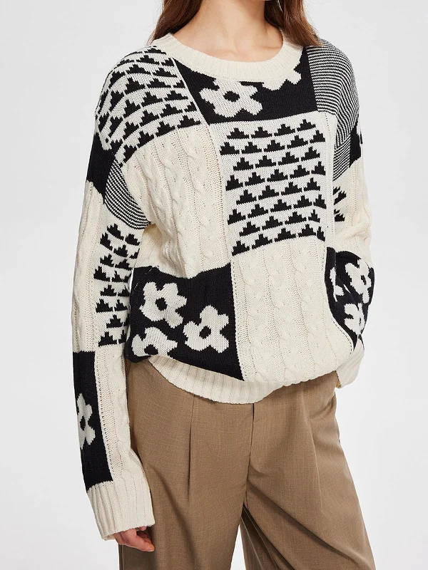 Cashmere Knit TopsColor Block Cable-Knit Warm Sweater